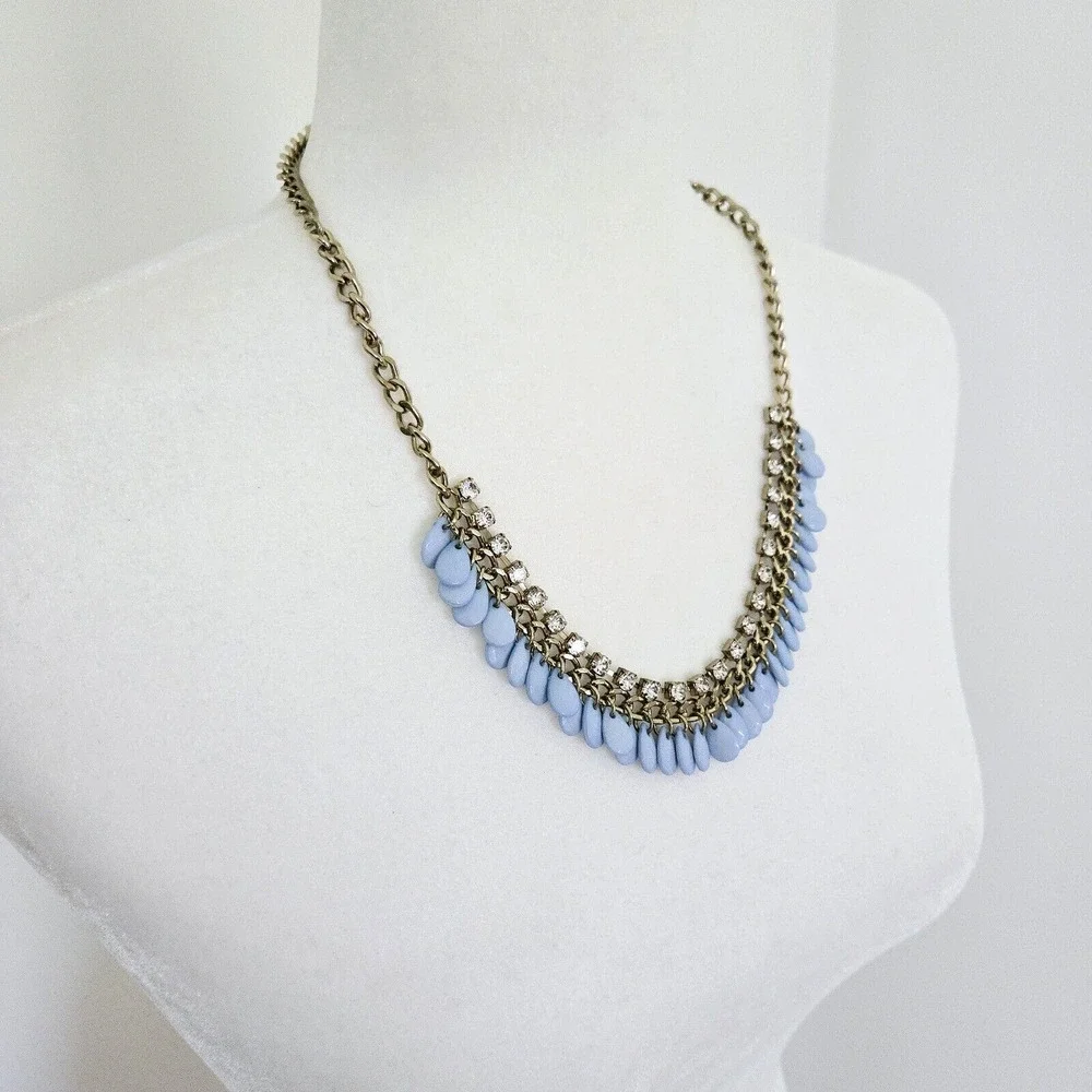Statement Necklace Blue Beaded Rhinestone Chain Classic Retro Cocktail Party 22